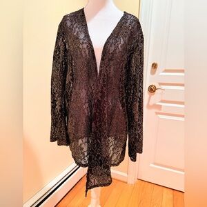 Chico's Fancy Asymmetrical Black and Gold Floral Mesh Overlay Open Top/ Cardigan